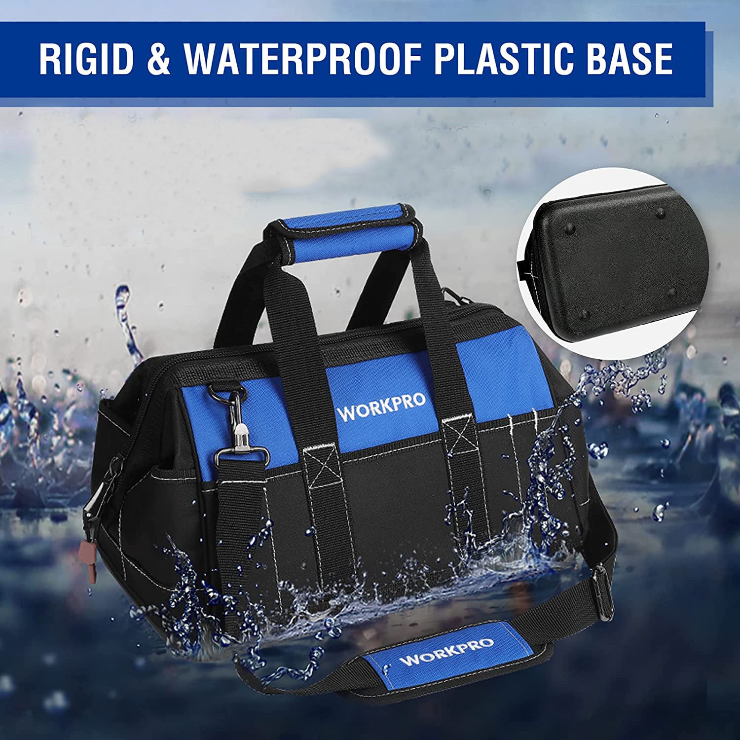 WORKPRO 16-inch Wide Mouth Tool Bag with waterproof molded base in blue and black with secure durable quality