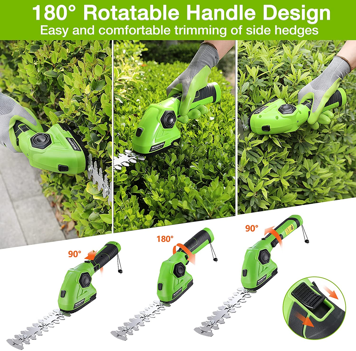 Green cordless grass and hedge trimmer with rotatable handle for trimming side hedges