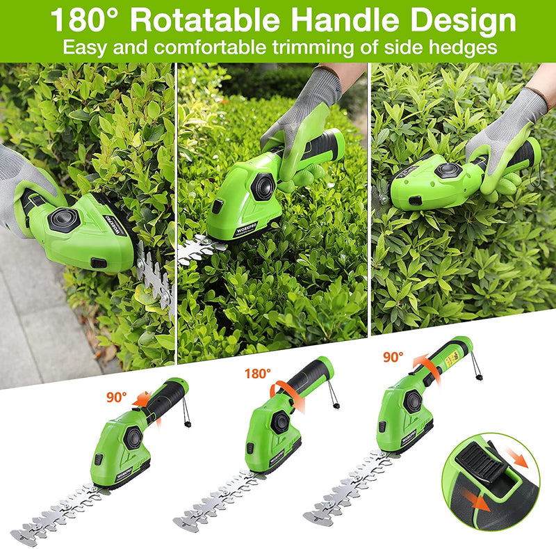 WORKPRO Cordless Grass Shear & Shrubbery Trimmer 2 in 1 Handheld Hedge Trimmer 7.2V Electric Grass Trimmer Hedge Shears