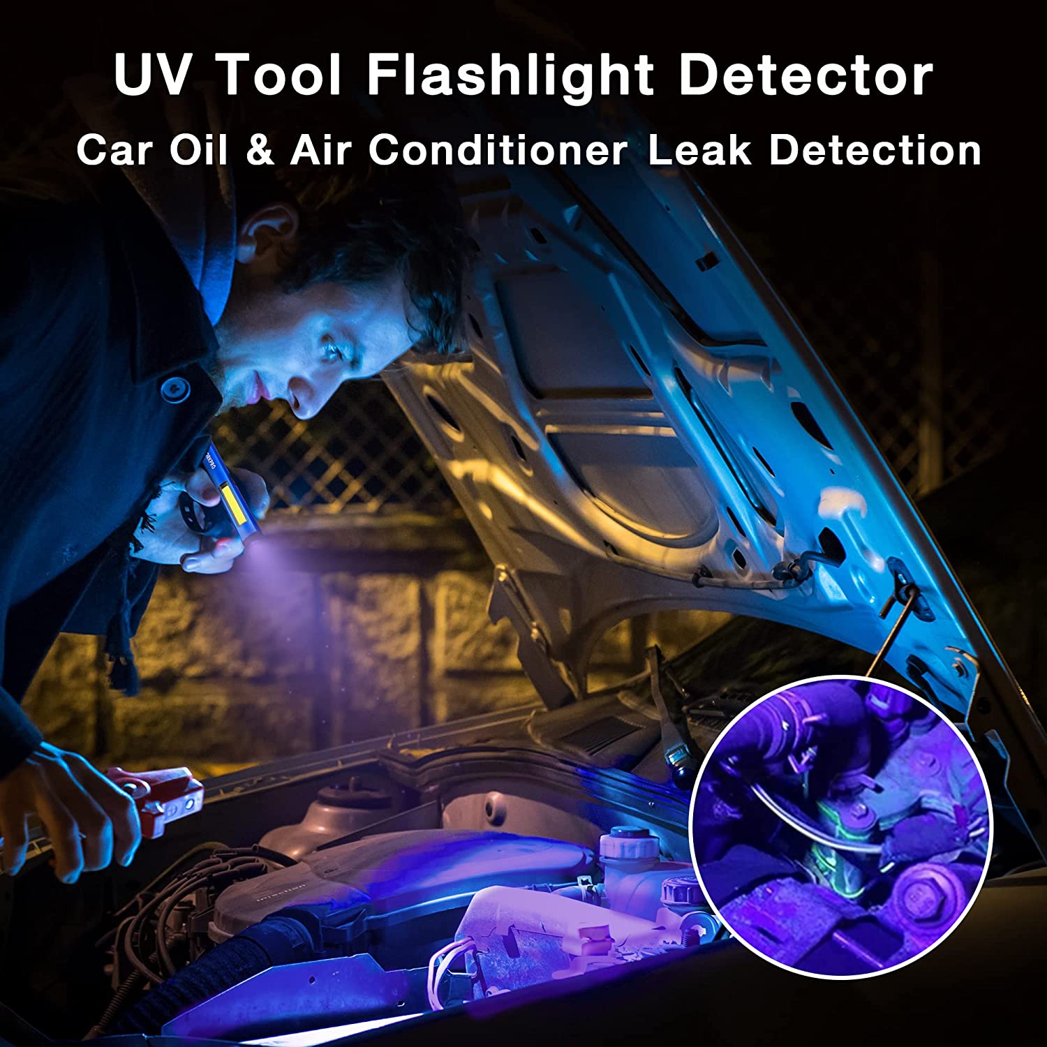 UV flashlight in use in a car engine bay, showing violet light detection