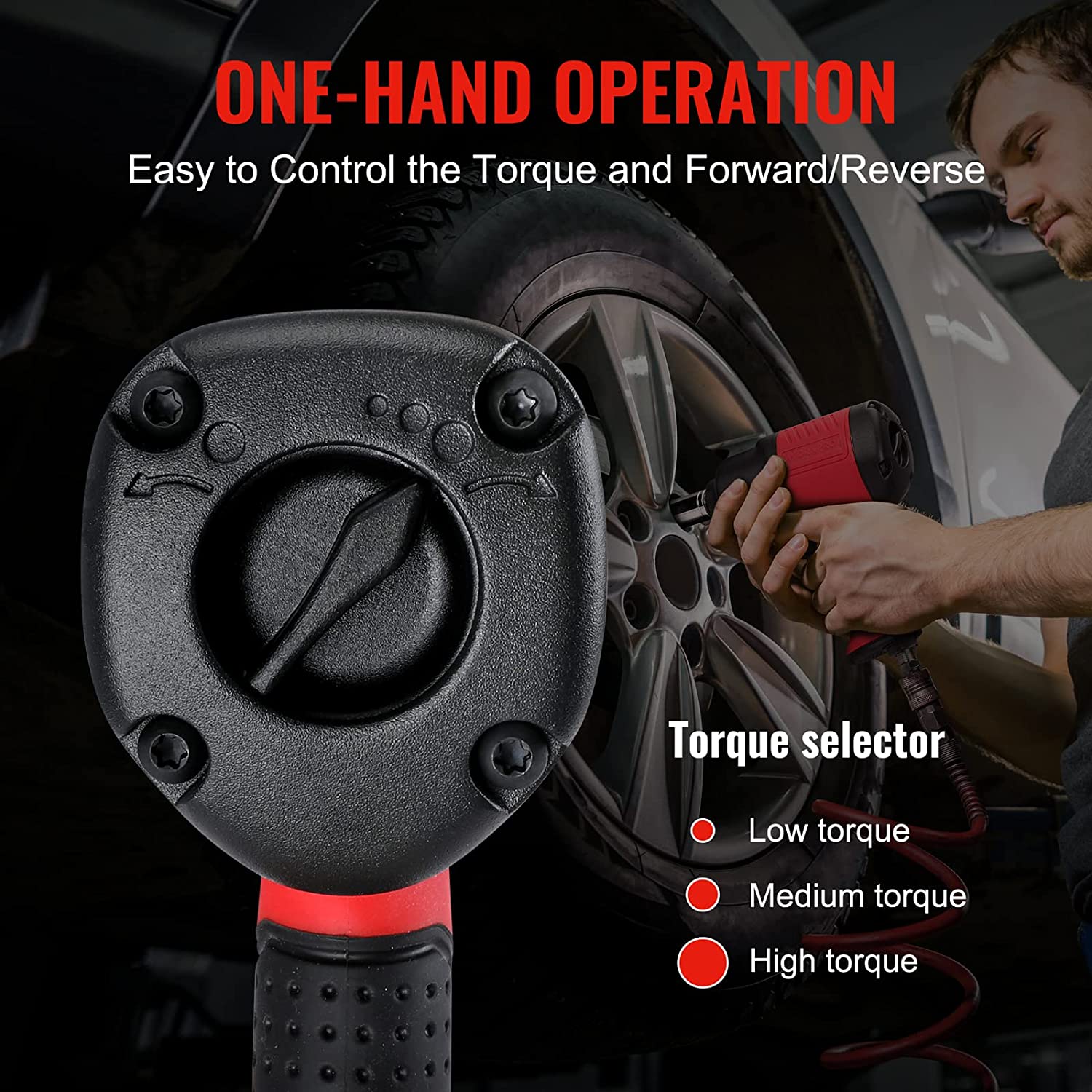 Red and black air impact wrench with torque selector on rear; one-hand operation