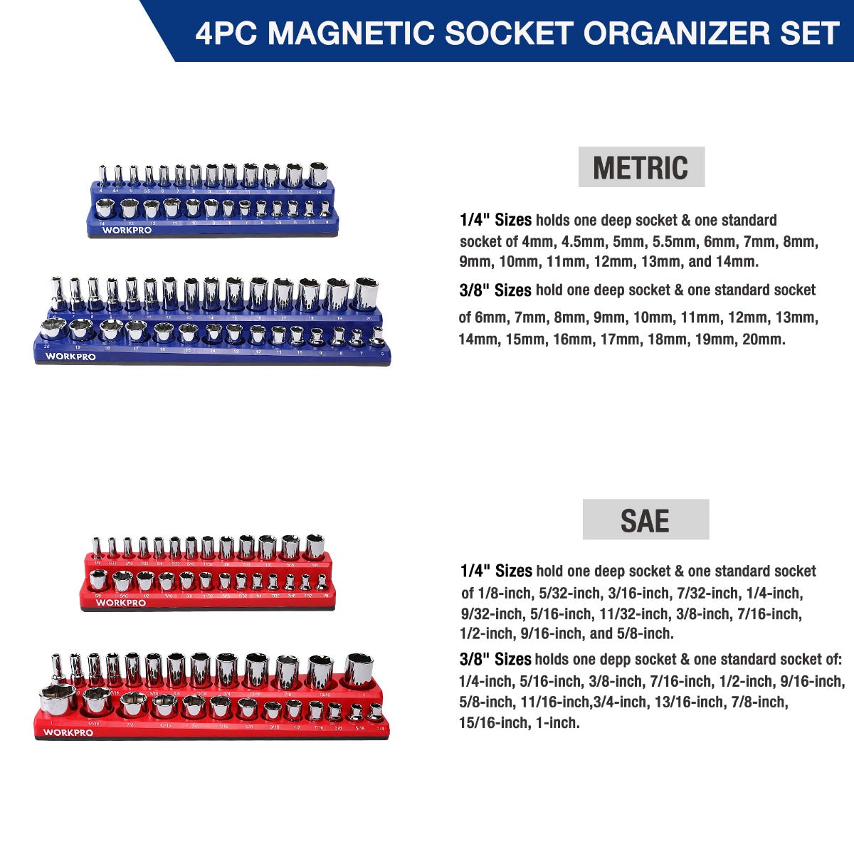 4-piece magnetic socket organizer set with blue metric tray and red SAE tray