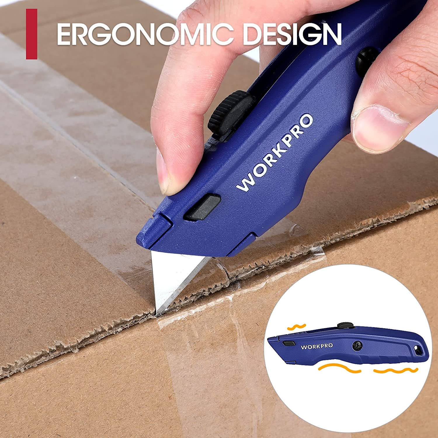 Blue retractable utility knife with ergonomic grip, blade cutting tile