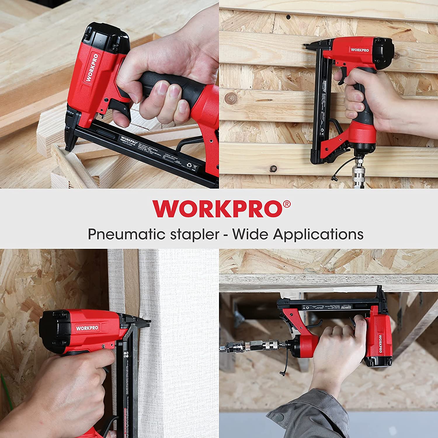 Red and black pneumatic staple gun held against wood boards for nailing