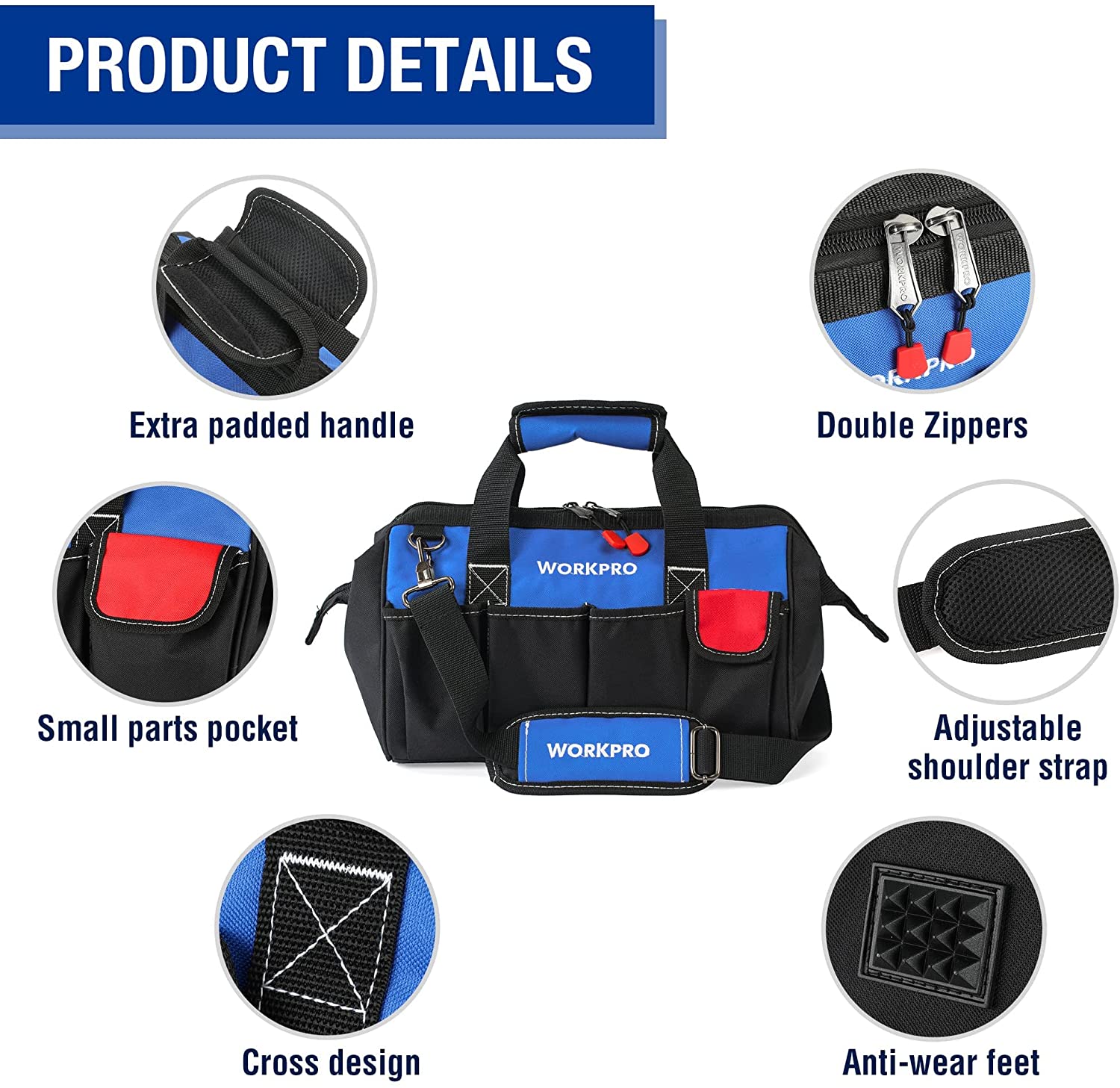 Black and blue tool bag details: padded handle, small parts pocket, double zippers