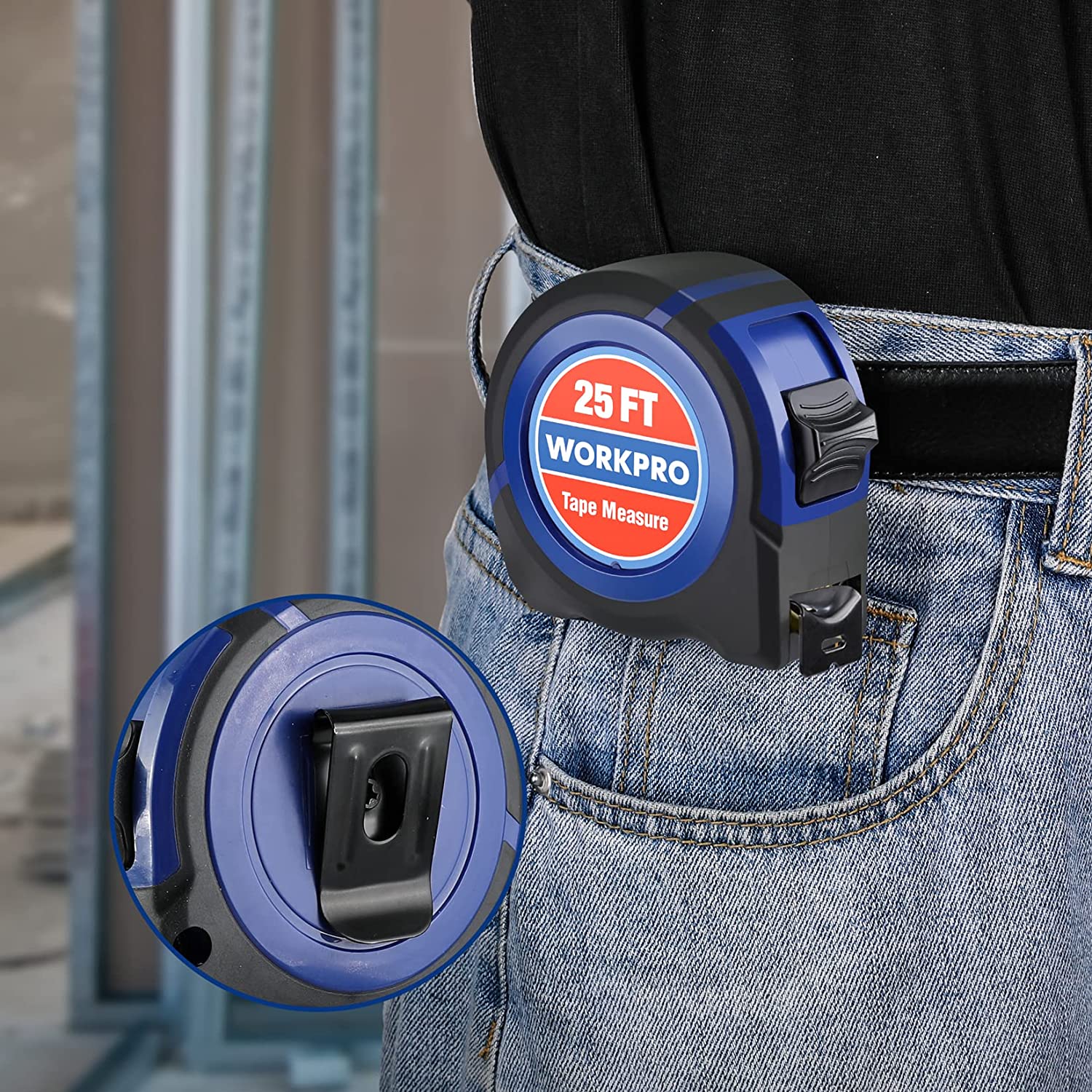 WORKPRO 25-ft tape measure clipped to jeans pocket with retractable case