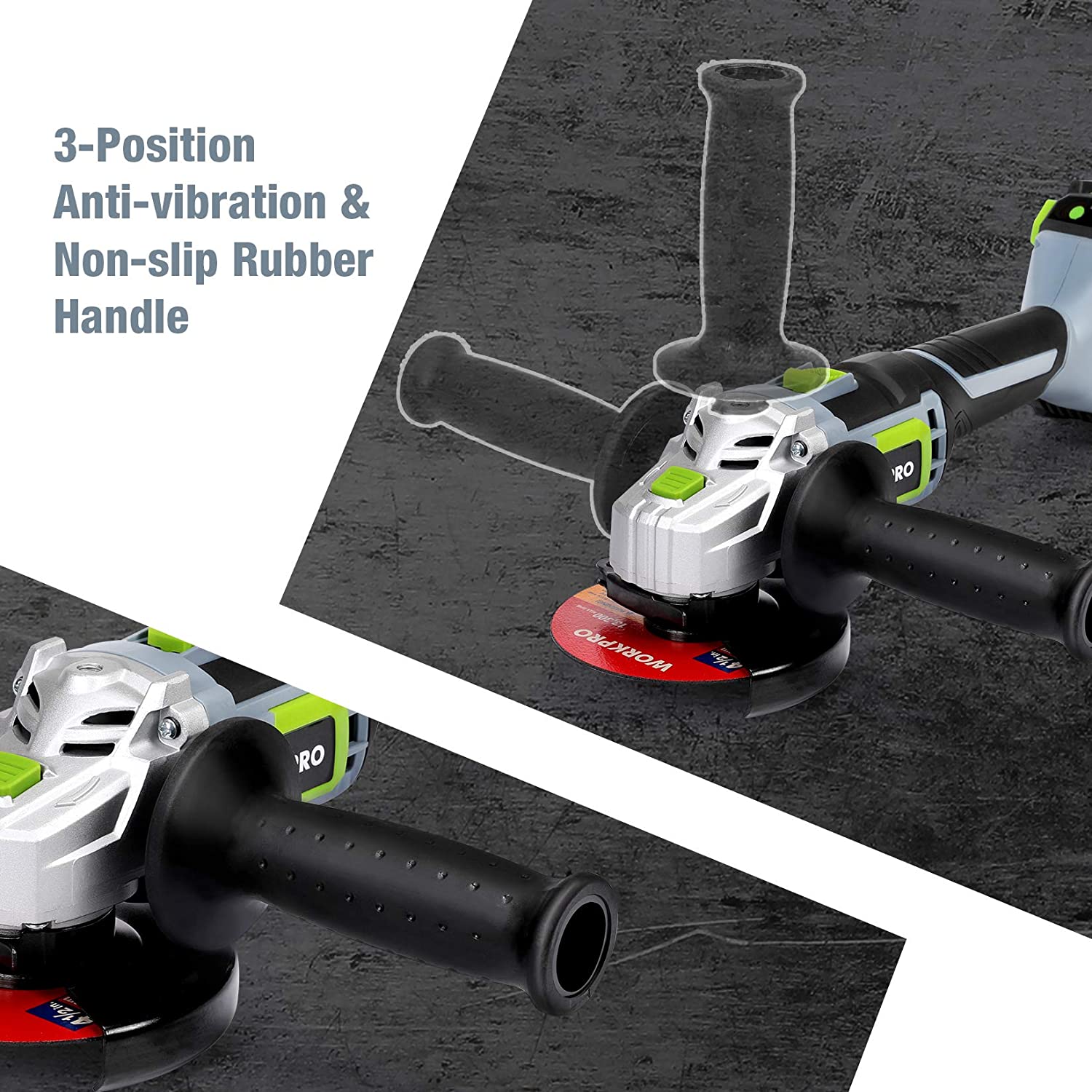 Angle grinder with three-position anti-vibration non-slip rubber handle