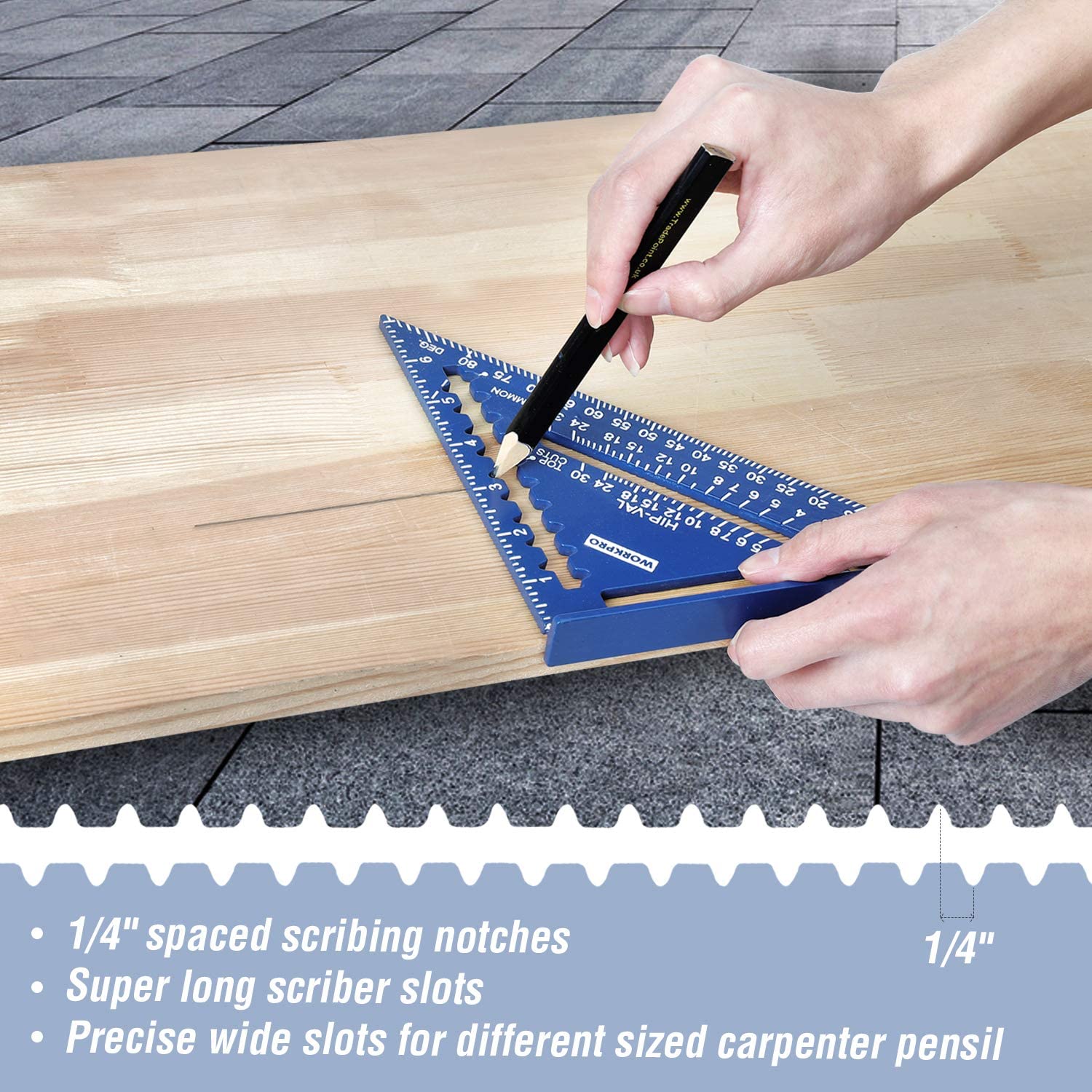 Blue square tool guide with scriber held over wooden board, measuring markings visible