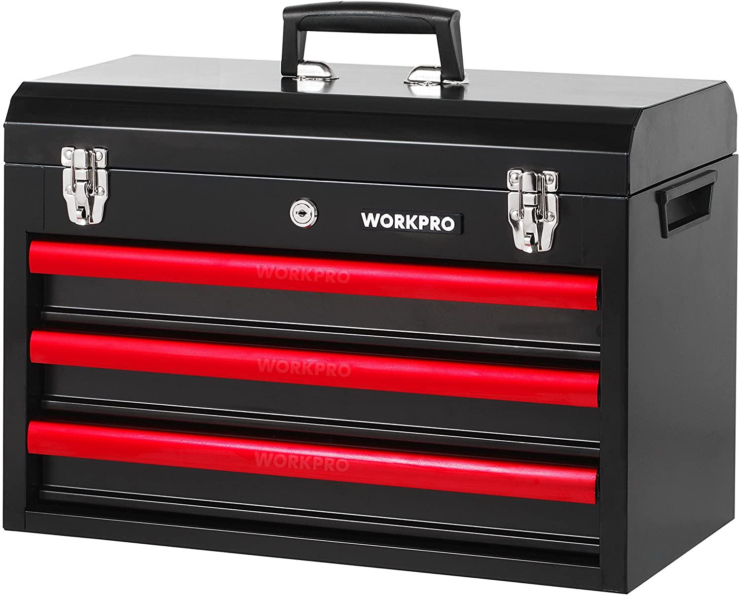 Black metal 3-drawer tool chest with red drawer rails and top carry handle