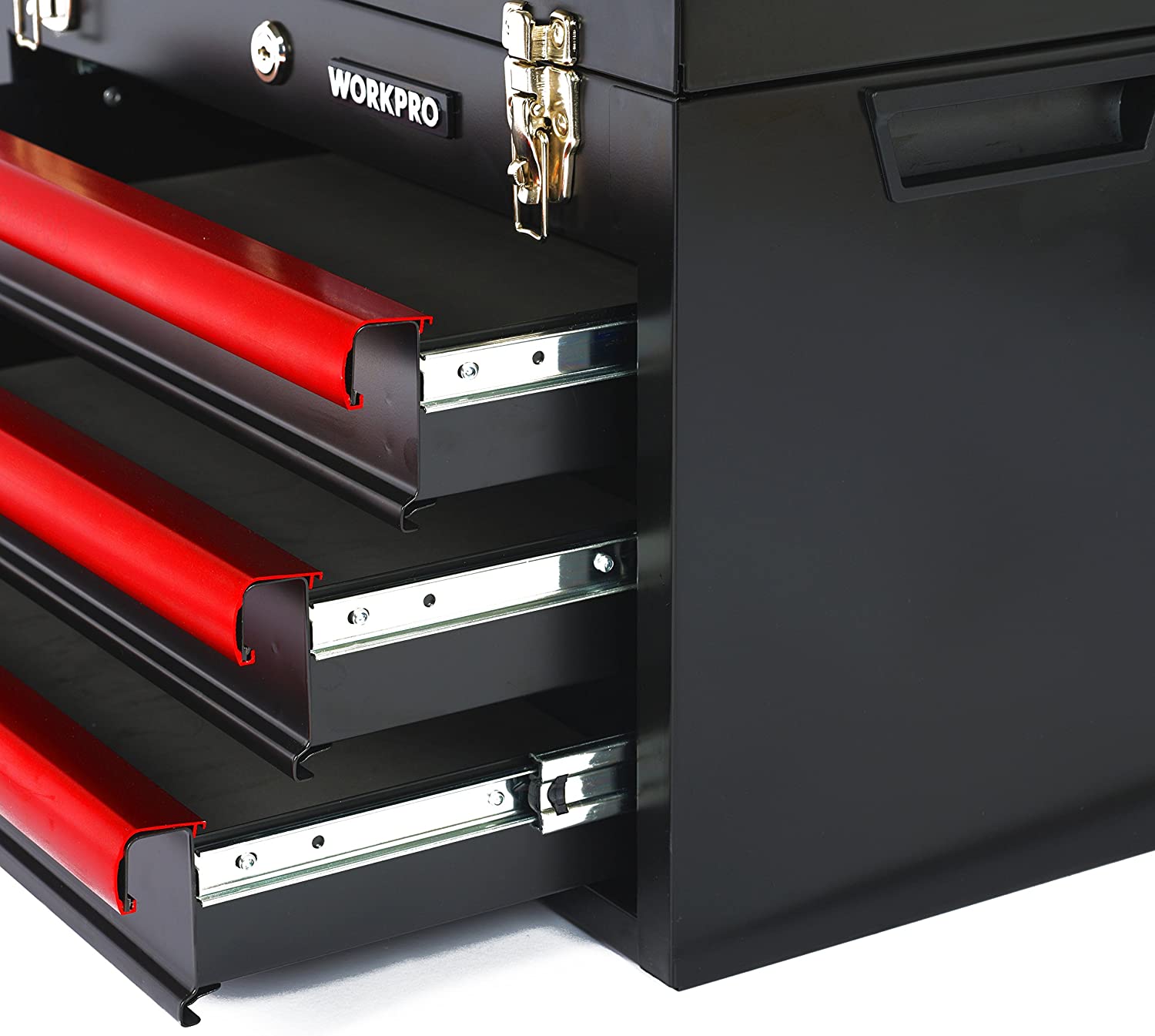 Close-up of metal drawer rails with red drawer liners inside a tool chest