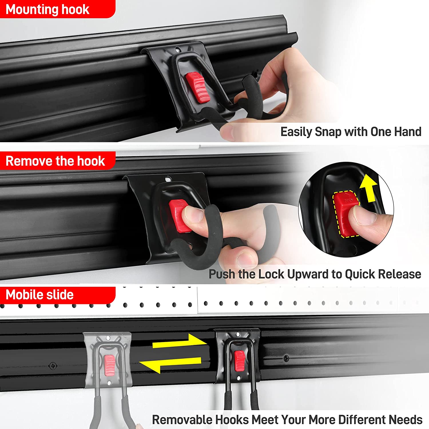 Removable tool hooks on black wall rail with red lock tab and hand snap-in design