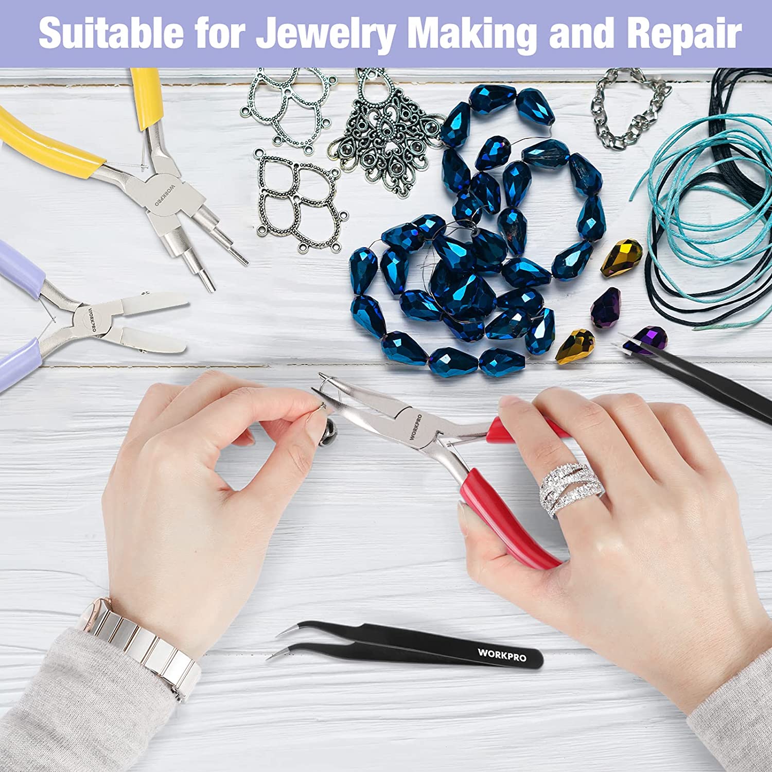 Jewelry repair tools with pliers and tweezers for assembling small charms