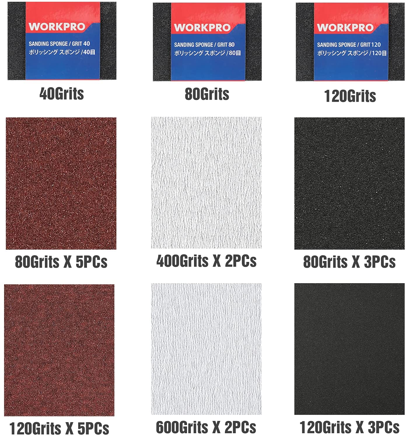 Mixed grit sandpaper assortment with 40, 80, and 120 grit sheets in maroon, white, and black