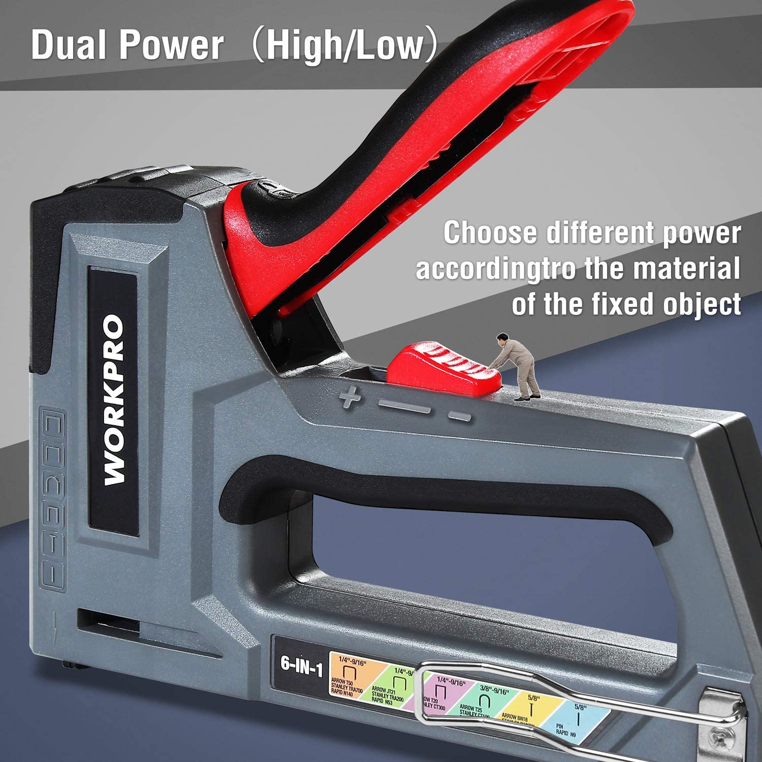 Manual upholstery stapler nailer with grey frame and red rubberized grip