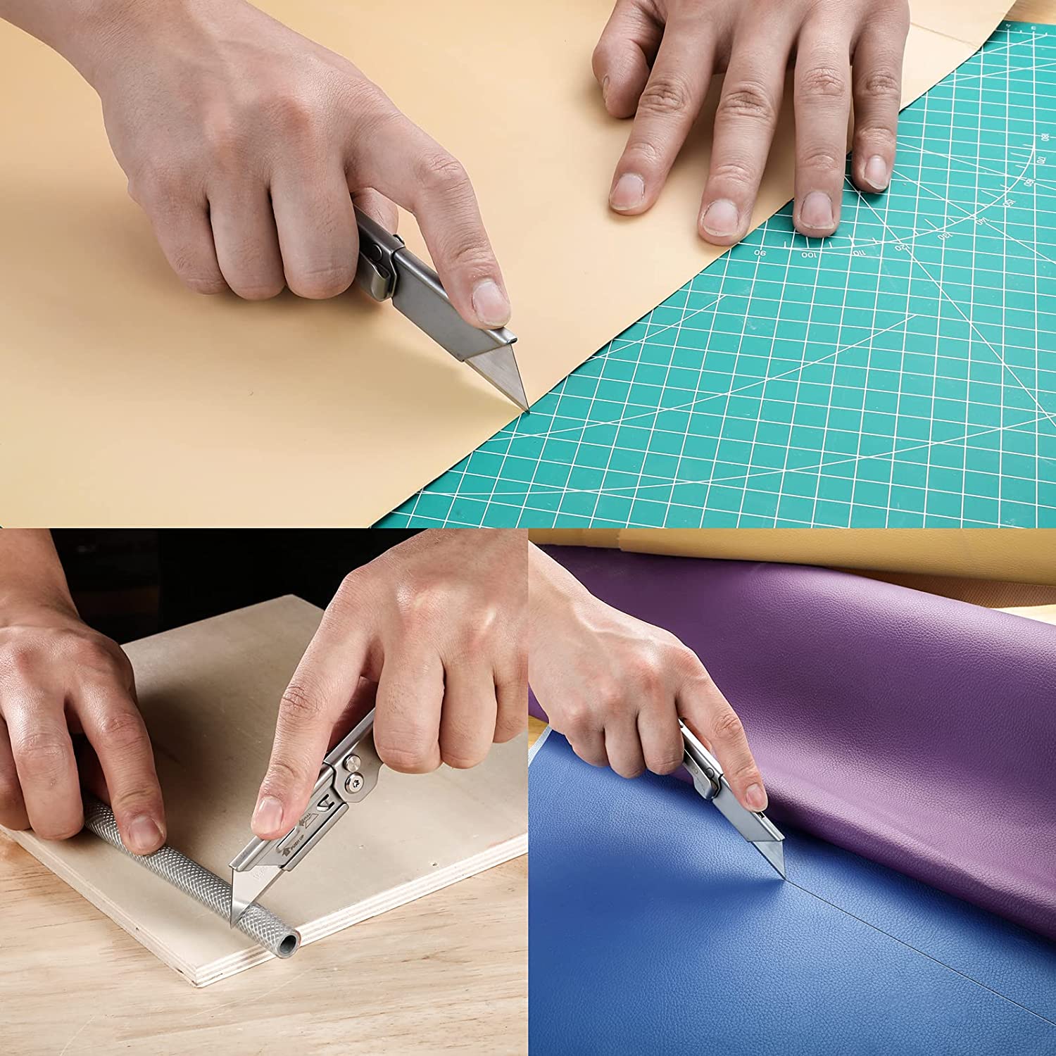 Mini folding utility knife cutting cardboard with blade extended
