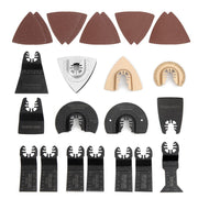Assorted oscillating tool accessory blades in brown, black, white, and gold