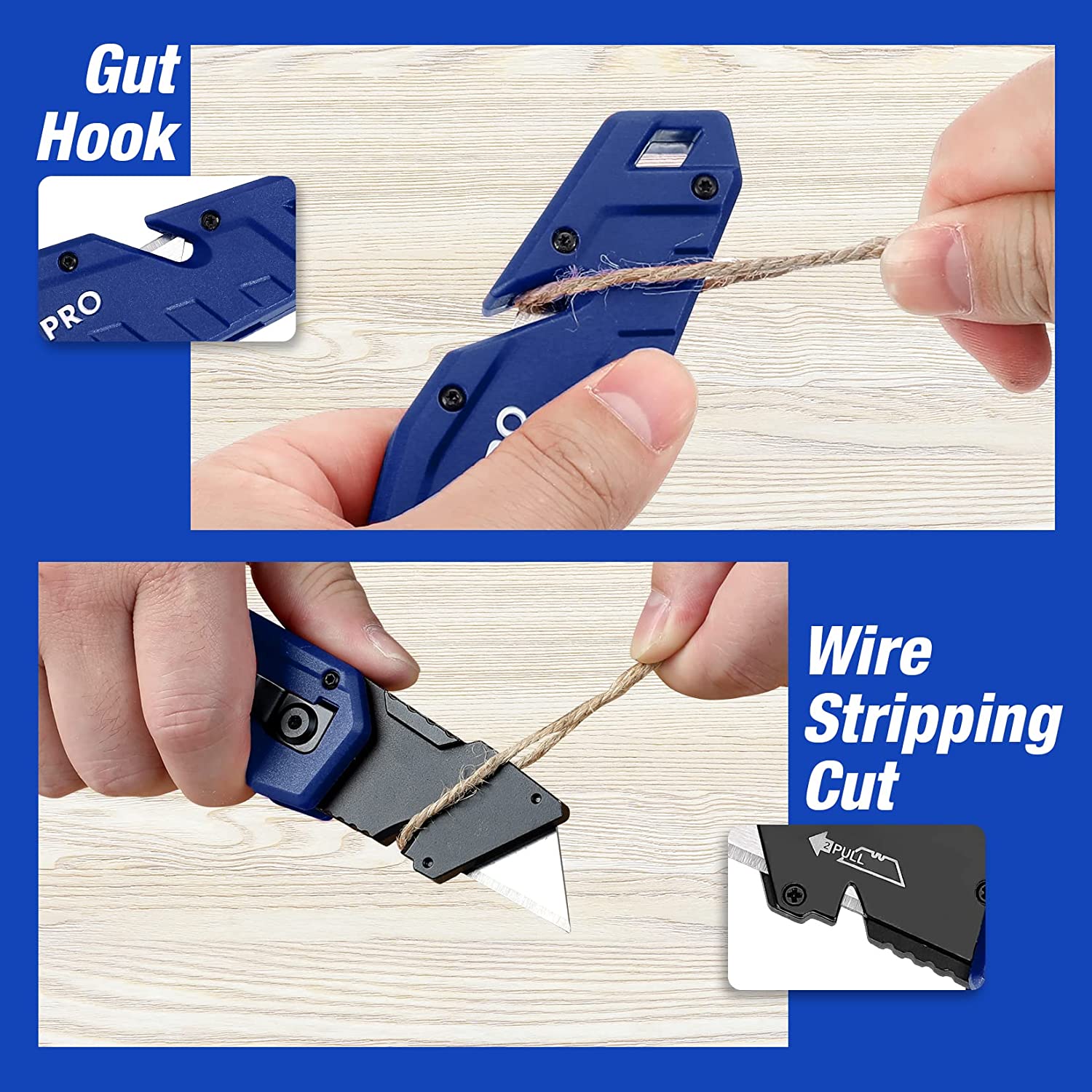 Blue folding utility knife held in hands, with blade engaged for cutting.