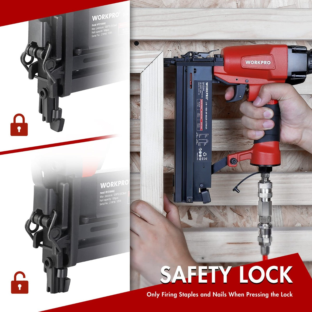 Red and black pneumatic brad nailer with safety lock and front magazine