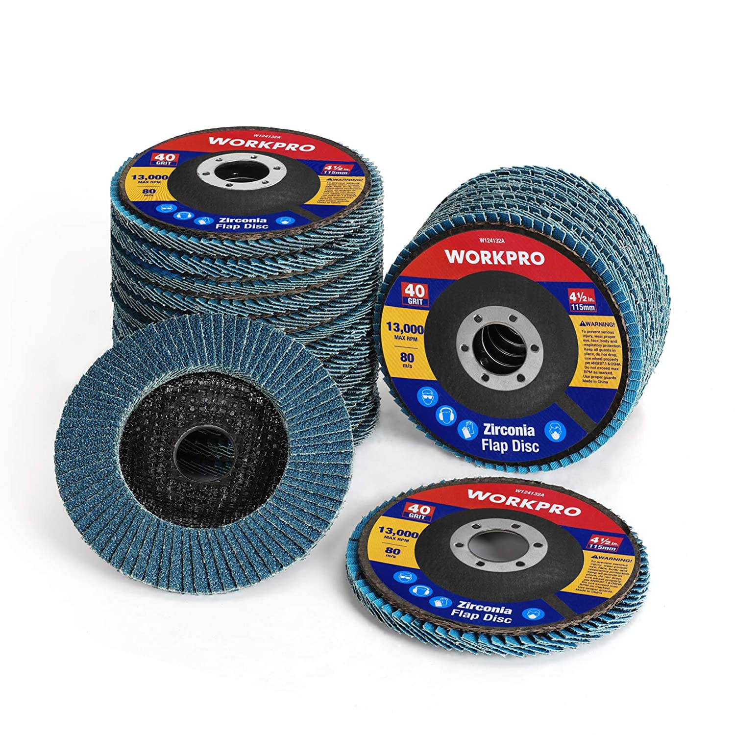 Zirconia flap sanding discs set, blue flaps, dark center, 4-1/2 in size