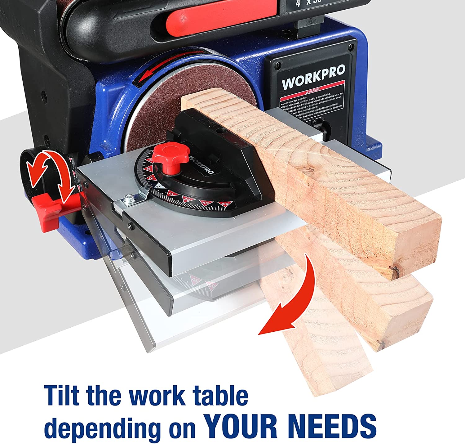 Belt and disc sander sanding a wood plank on a tilting work table