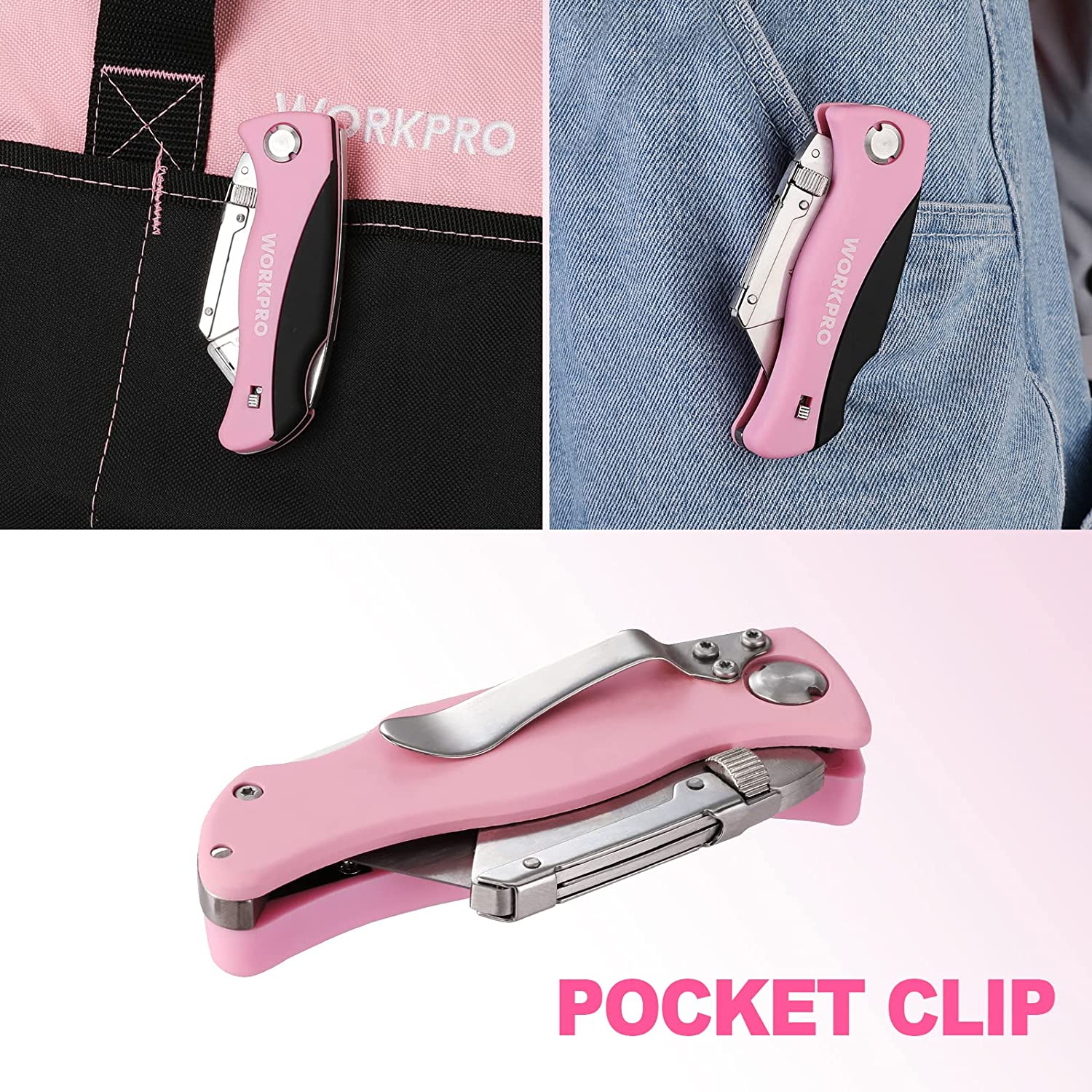 Pink folding utility knife with pocket clip, shown next to jeans fabric