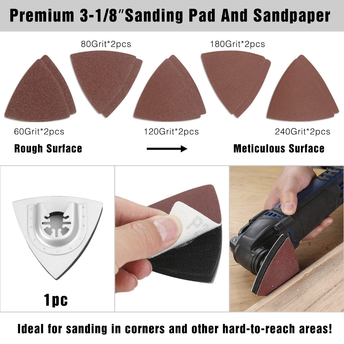 Oscillating sanding pad set with triangle sandpaper pieces in multiple grits