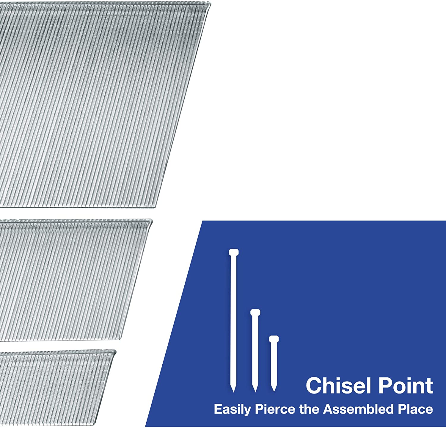 Steel brad nails with chisel point tip for easy piercing