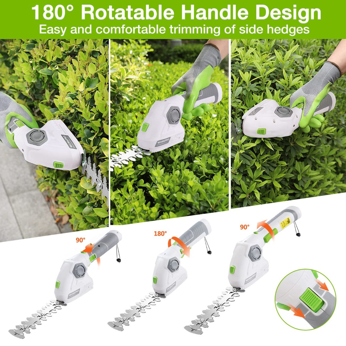 Cordless hedge trimmer with rotatable handle, white body, and green safety housing