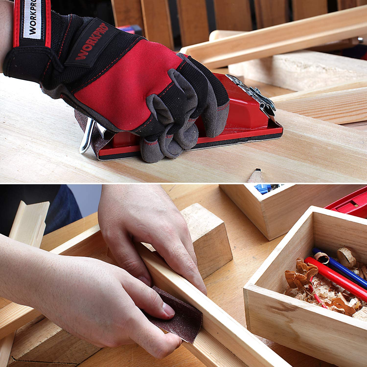 Sandpaper sanding block on wood with gloves, smoothing boards in a workshop