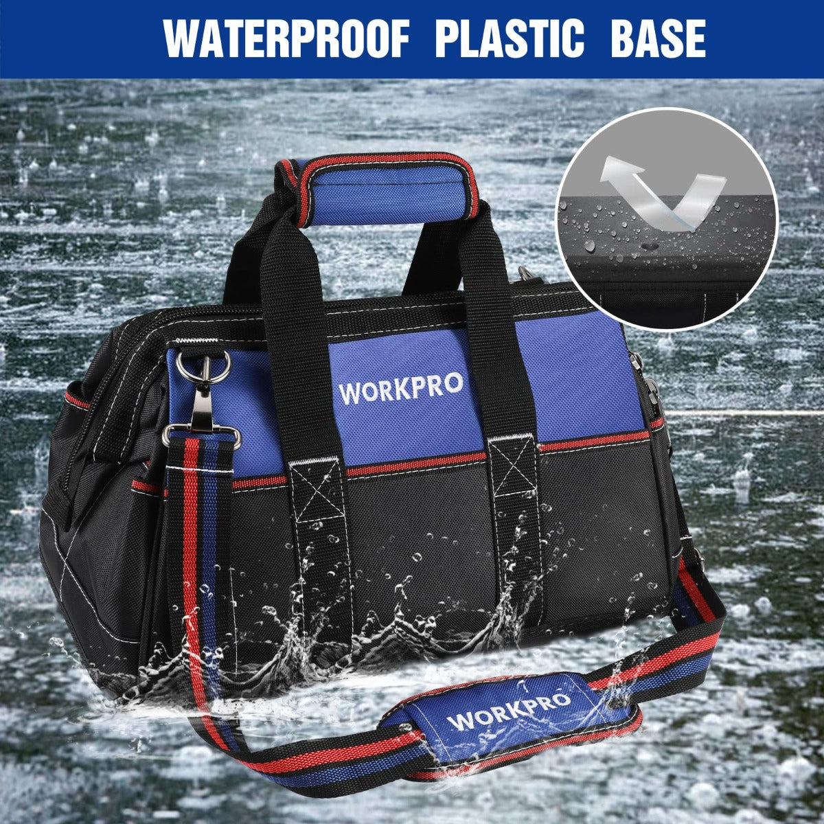 WORKPRO tool storage bag with blue top panel, black body, wide mouth handles