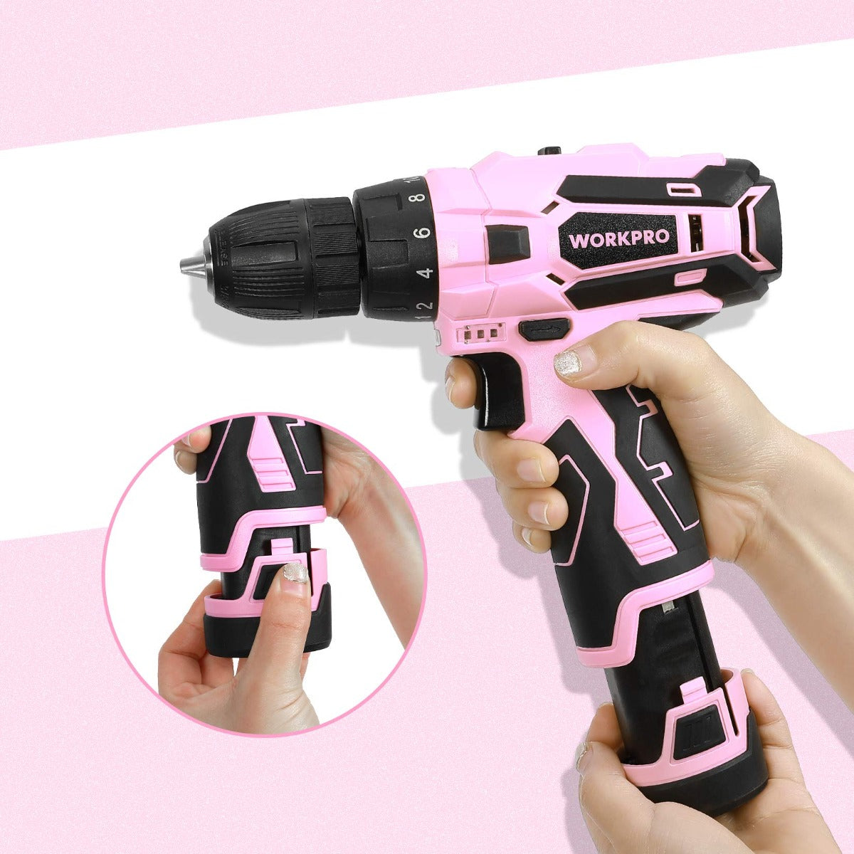 WORKPRO 12V replacement battery installed in pink cordless drill driver.