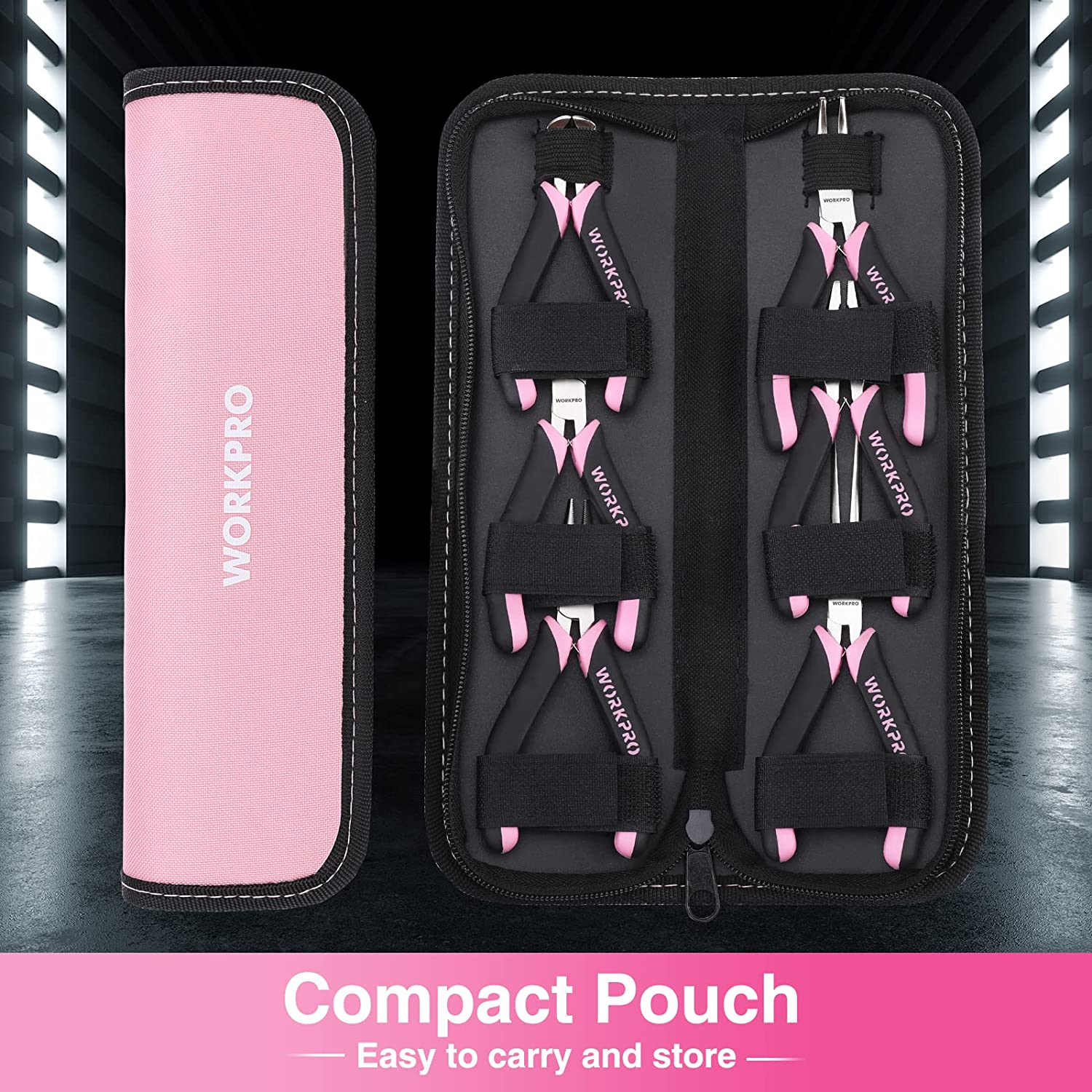 Pink zip pouch with black interior holding six mini pliers with pink-and-black grips