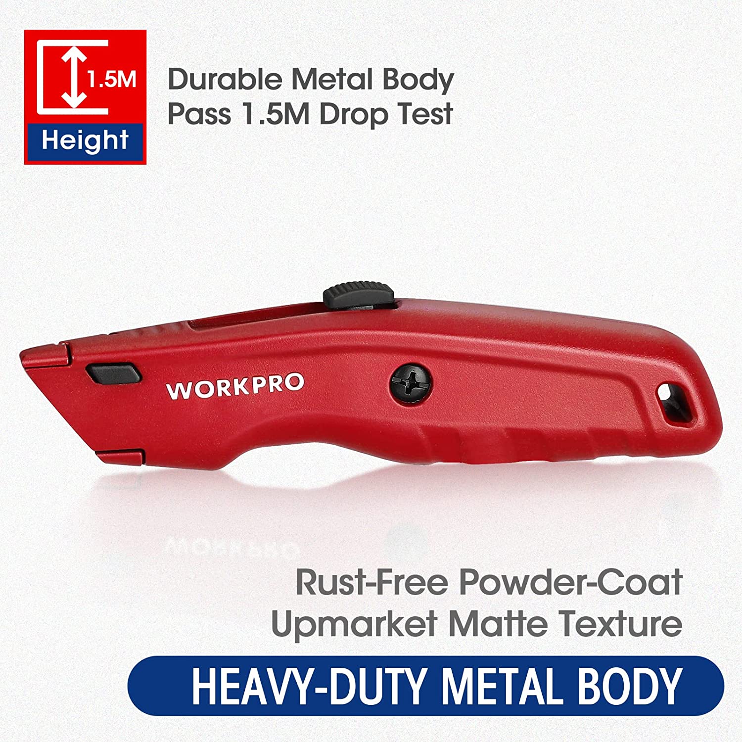Red retractable utility knife with black thumb slider and streamlined blade housing