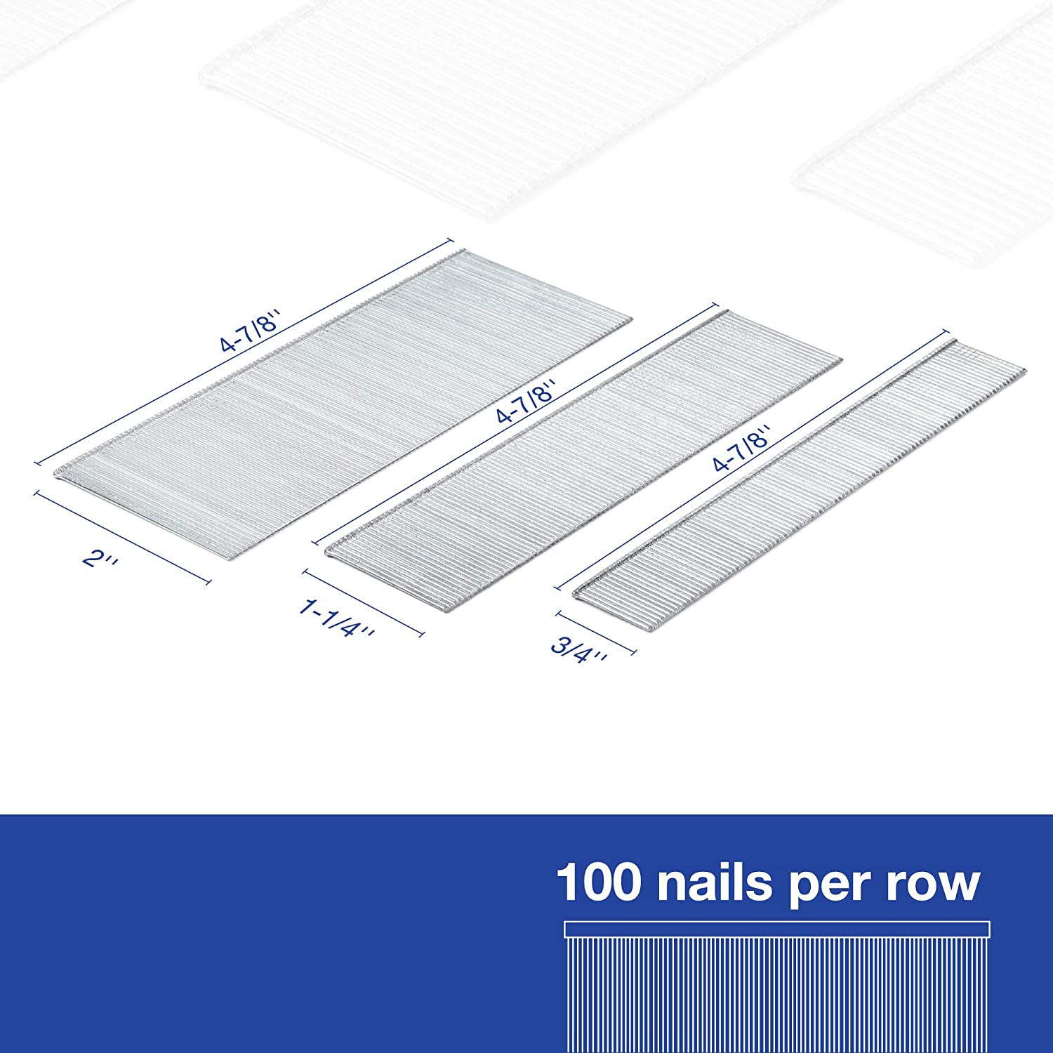 Metal brad nail strips with size labels and row guide