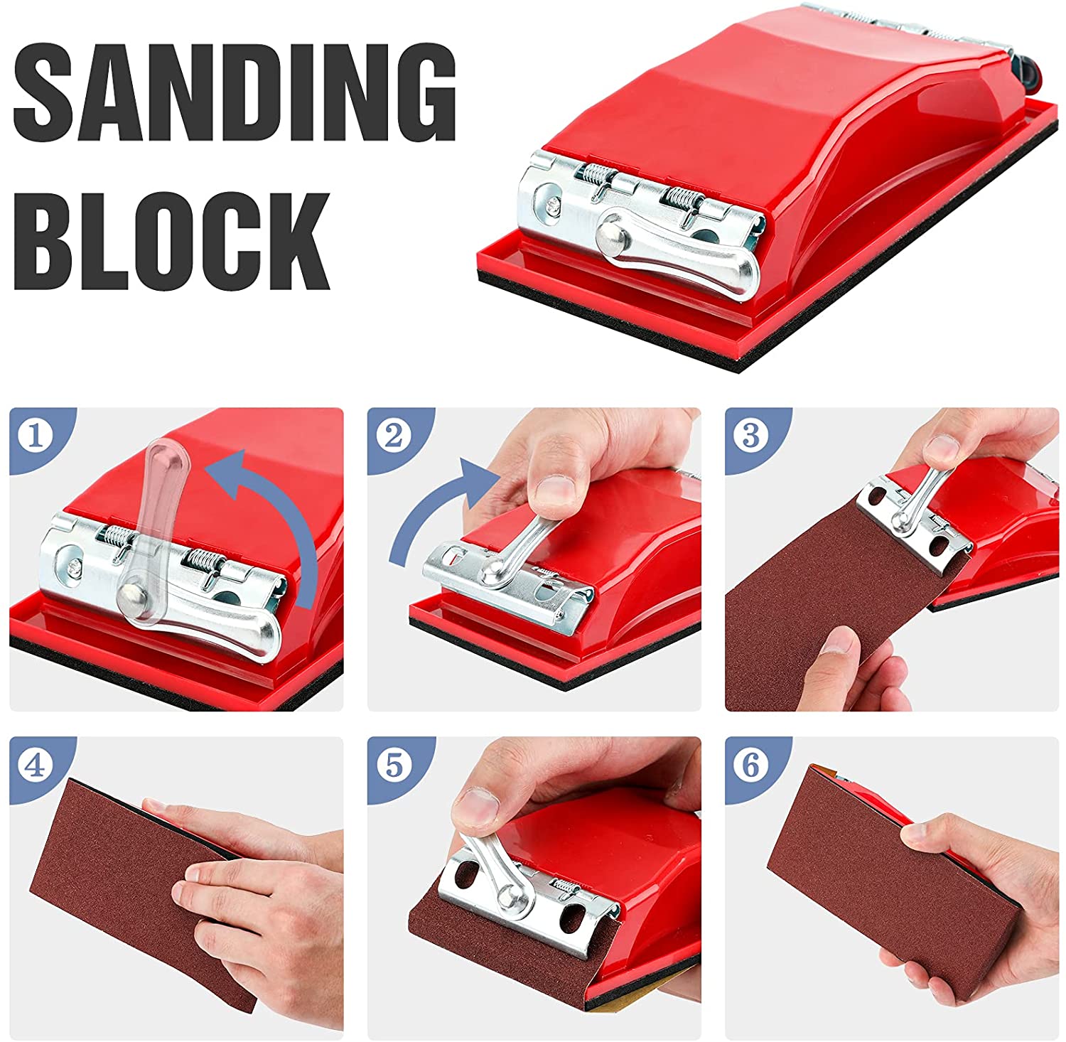 Red sanding block with metal clamps and sanding pad, shown with hands replacing the pad