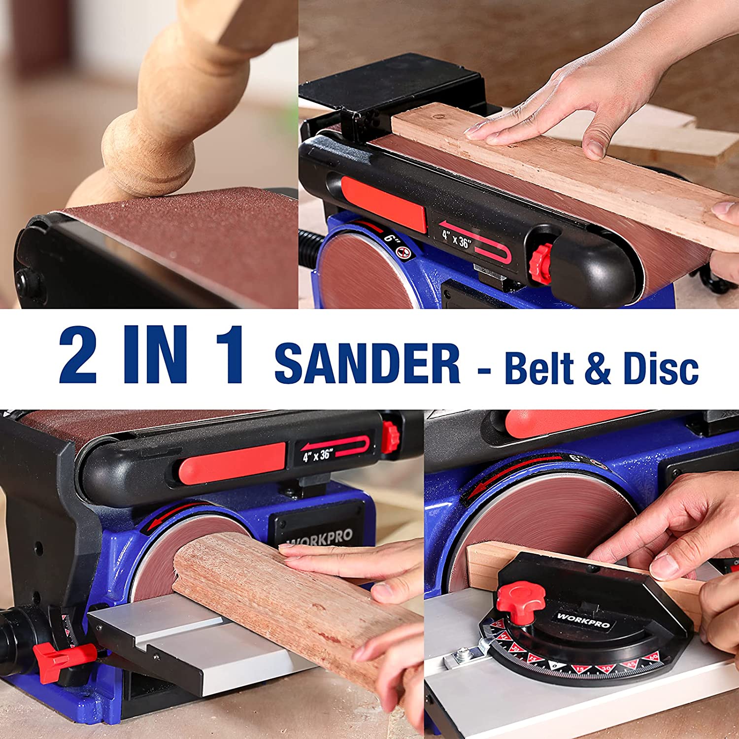 Benchtop belt and disc sander sanding a wooden board with the abrasive belt