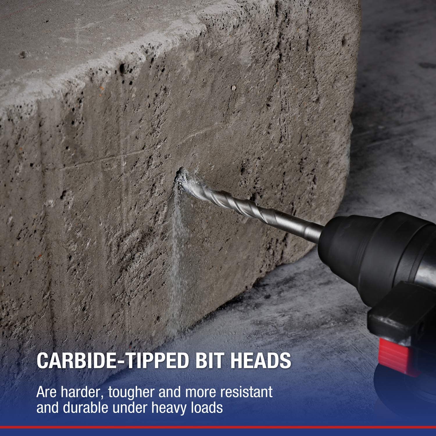 Carbide-tipped SDS-plus drill bit head for concrete and stone, steel twist body
