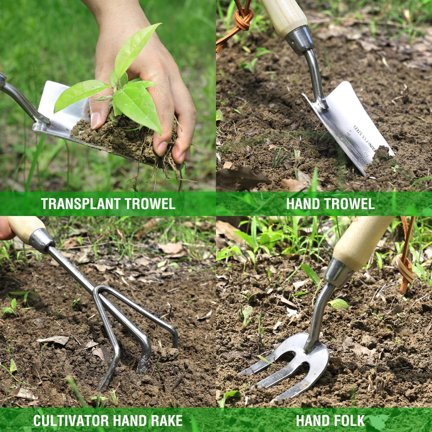 Wood-handled metal hand trowel and transplant tool for planting in garden soil