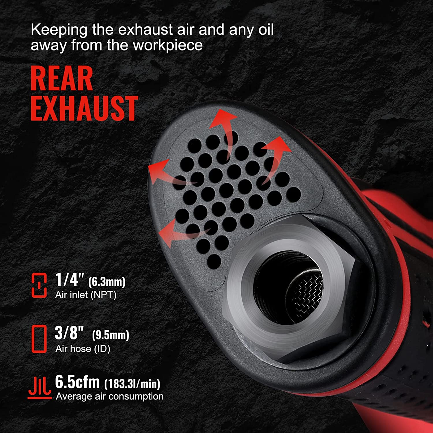 Air impact wrench rear exhaust vent area with red circular airflow outlets
