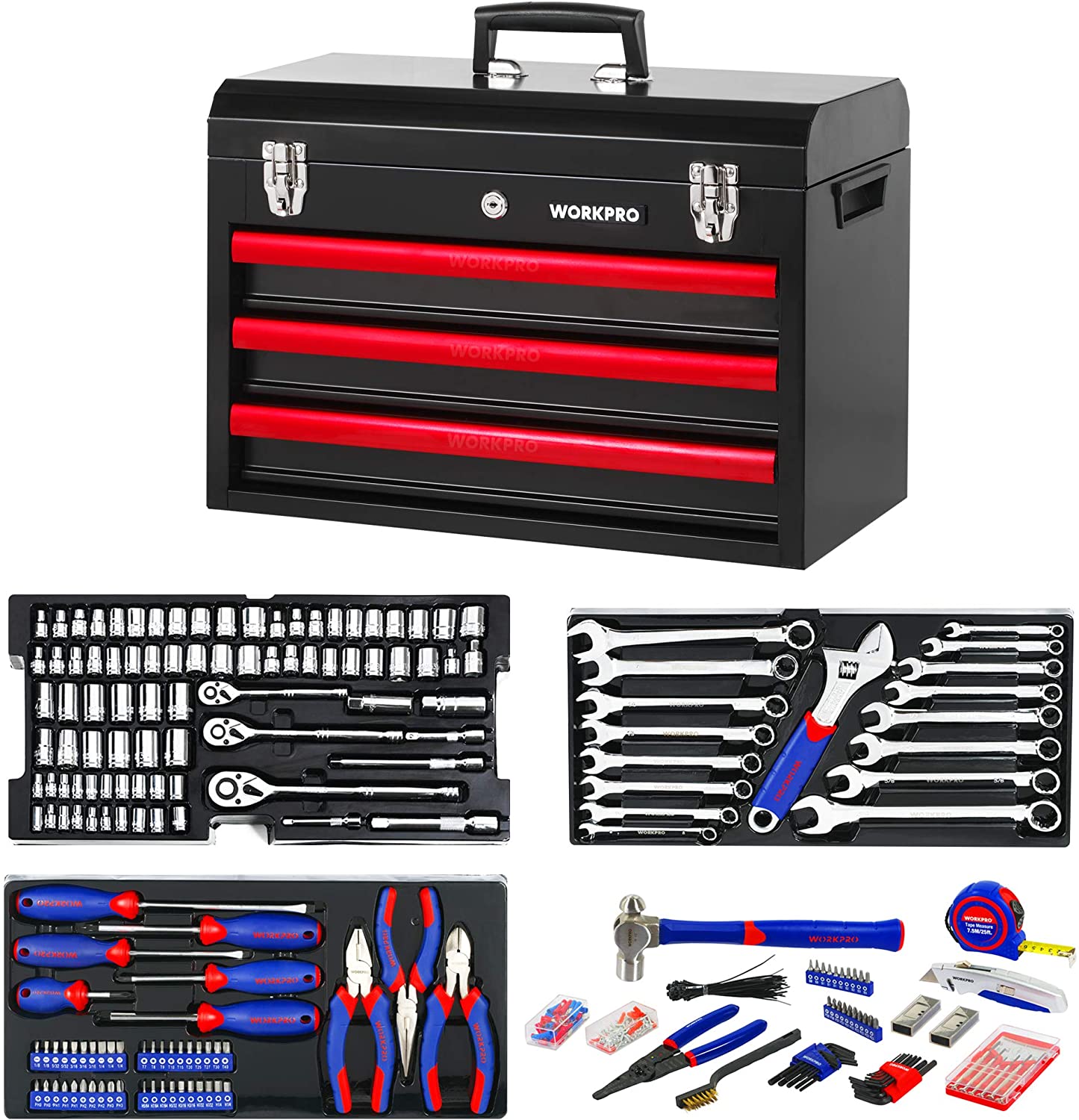 Black metal 3-drawer tool box with red drawer fronts, open storage with tools