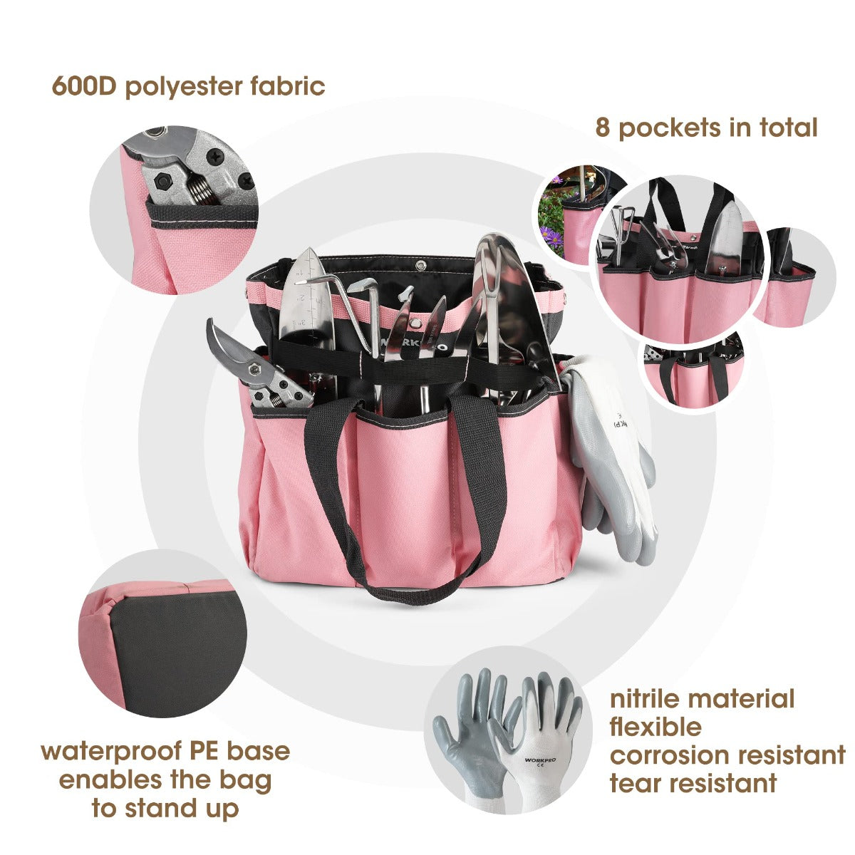 Pink gardening tote bag with multiple pockets and nitrile work gloves