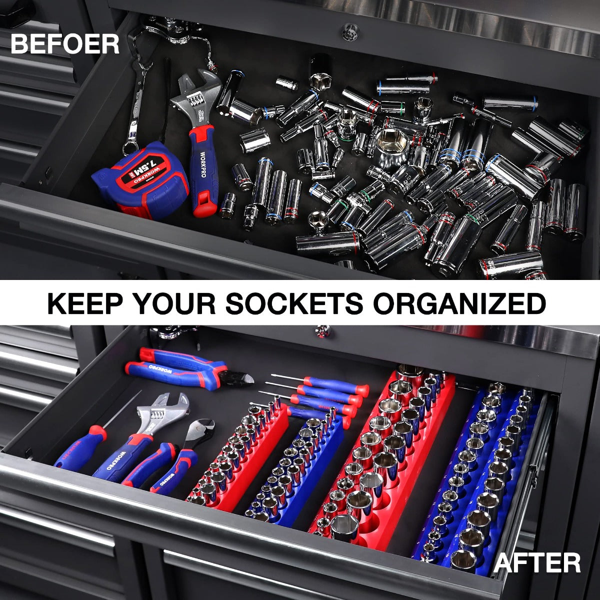 Magnetic socket organizer set with silver sockets arranged in red and blue trays