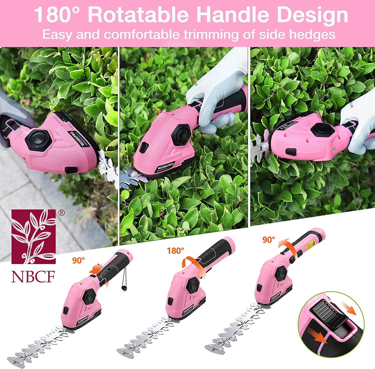 Pink 2-in-1 handheld electric hedge trimmer trimming a green hedge with gloved hand