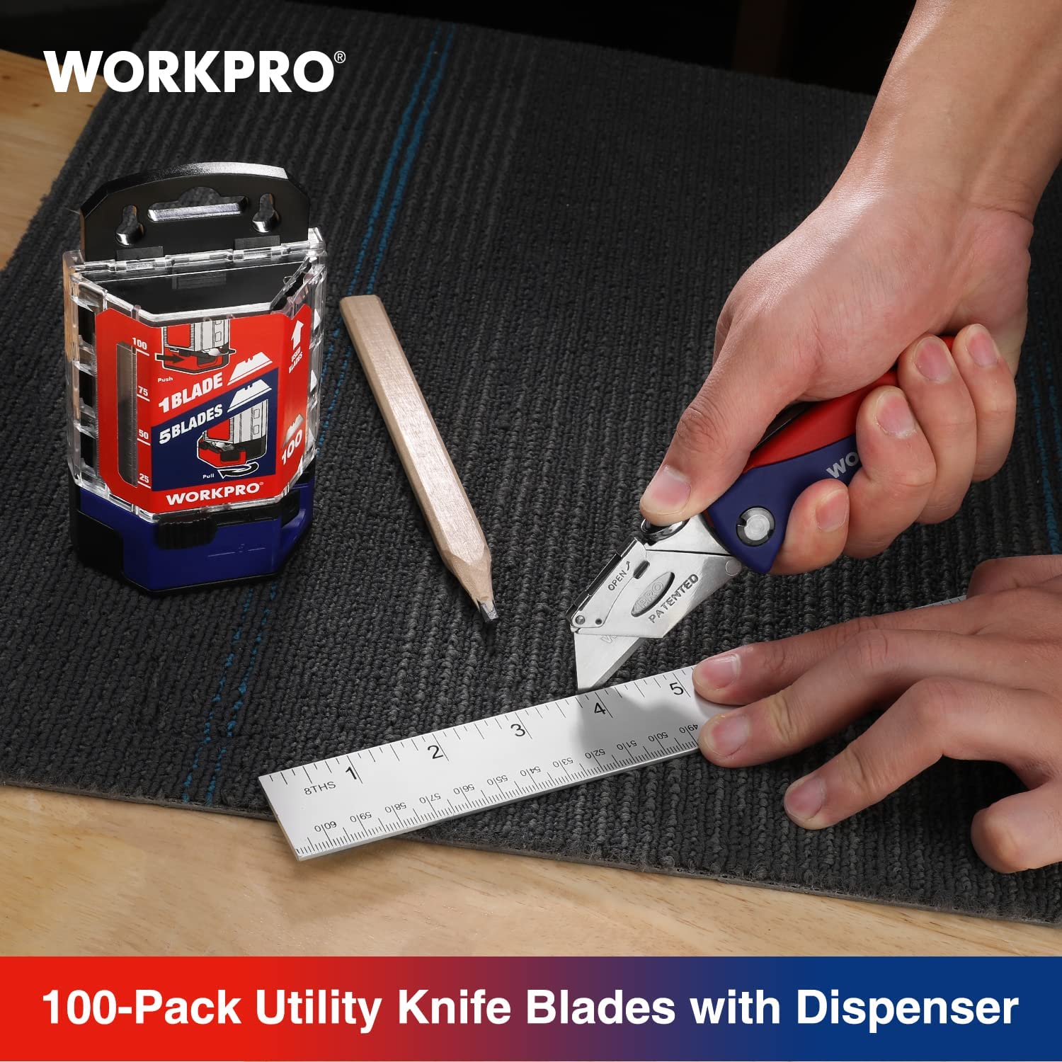 Utility knife blades with blue dispenser and blade stack, shown being measured and cut