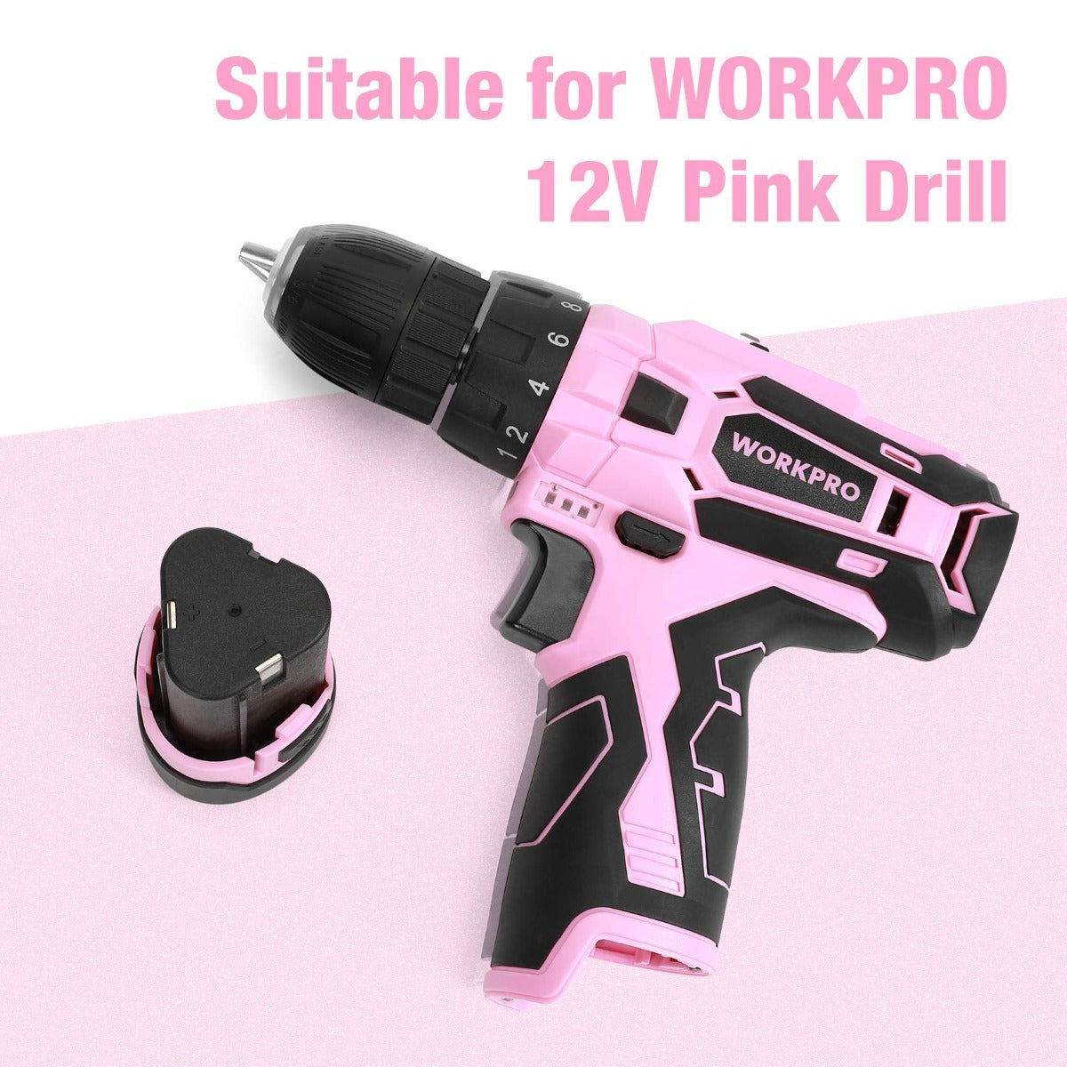 WORKPRO 12V replacement battery and pink cordless drill driver, angled view.