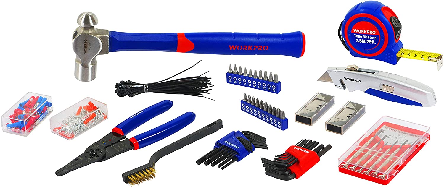 Assorted hand tools set with blue handles, wire cutters, measuring tape, and accessories