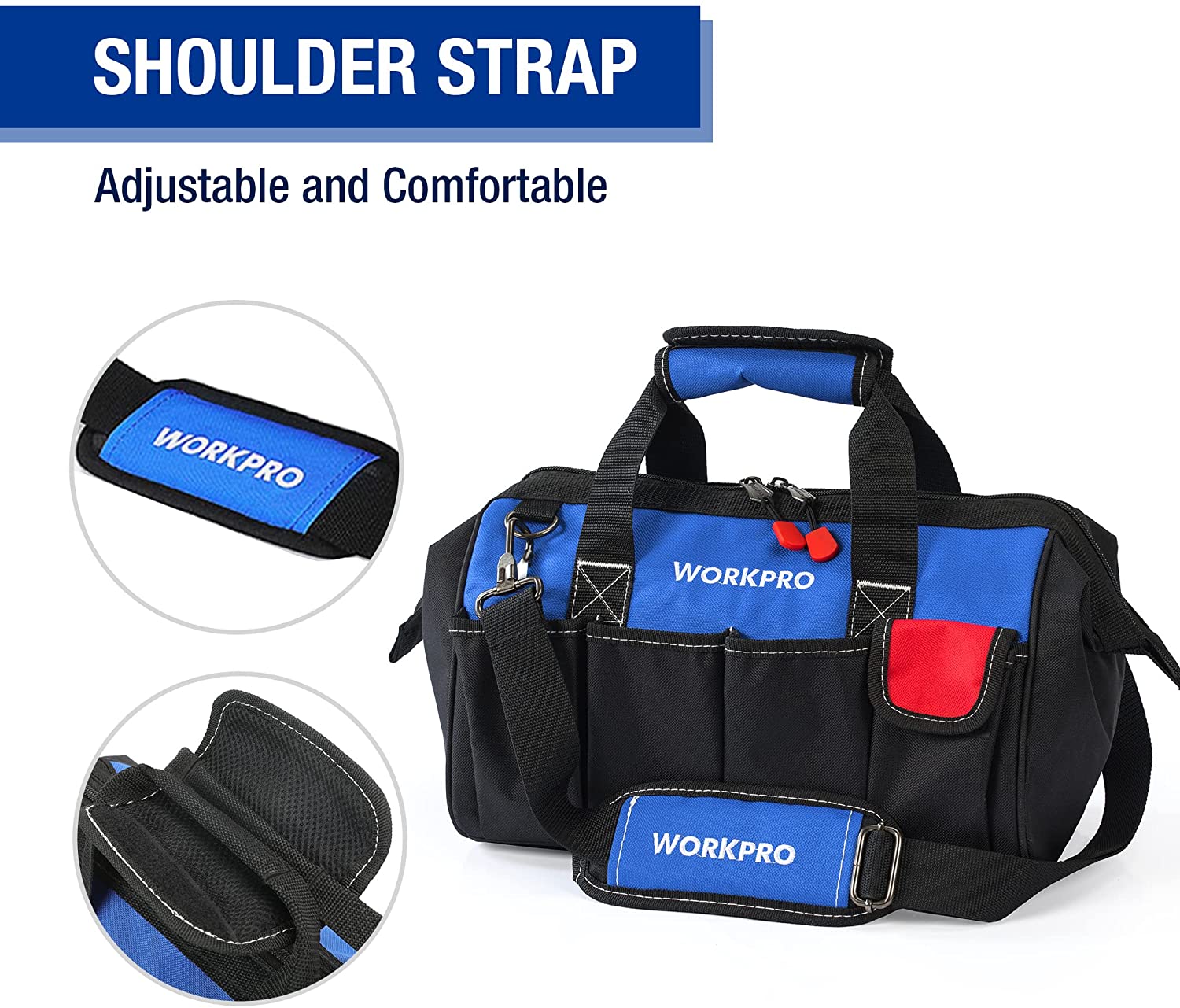 Black and blue tool bag with adjustable shoulder strap and red front utility pocket