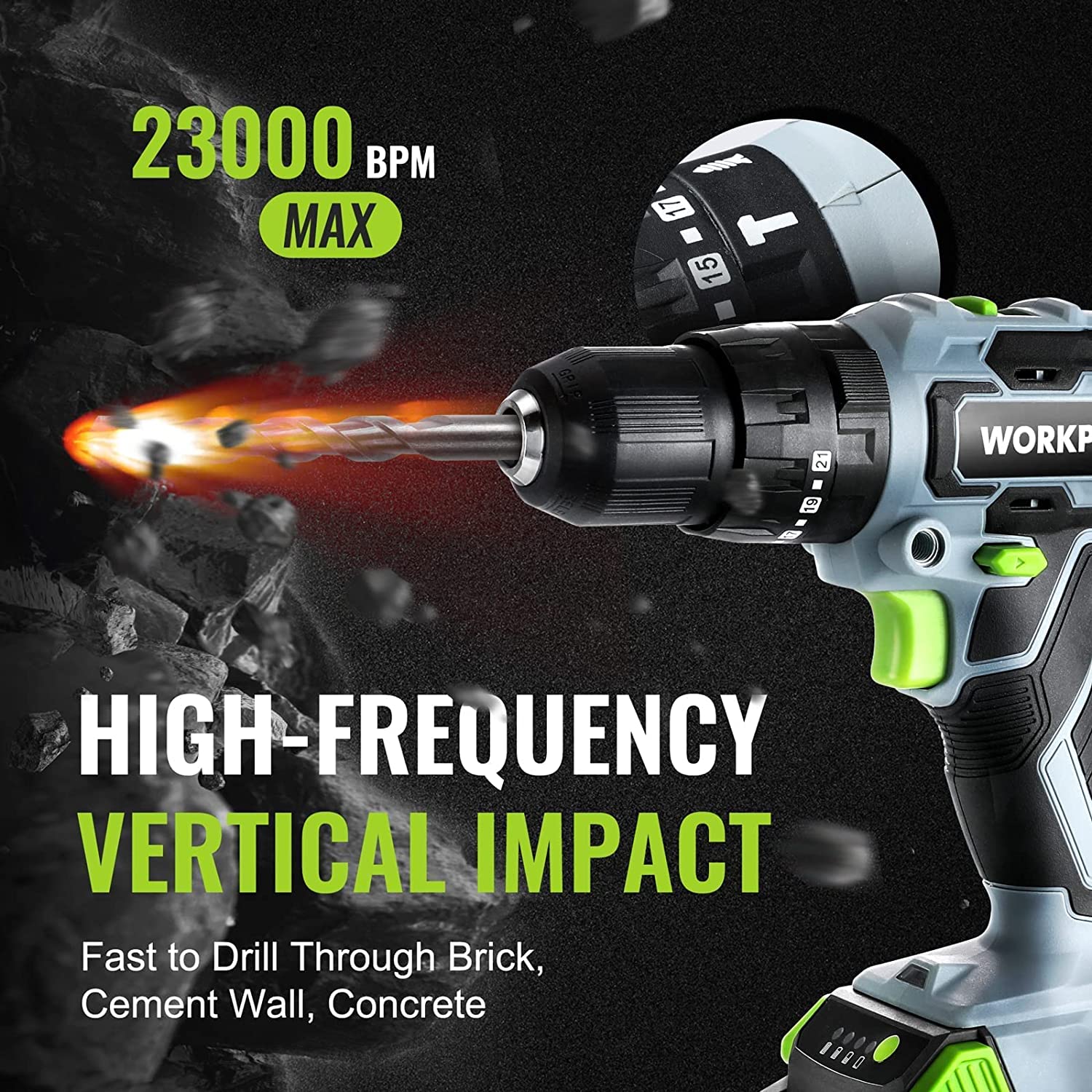 WORKPRO cordless impact drill driver, light gray body with black grip and green trigger handle