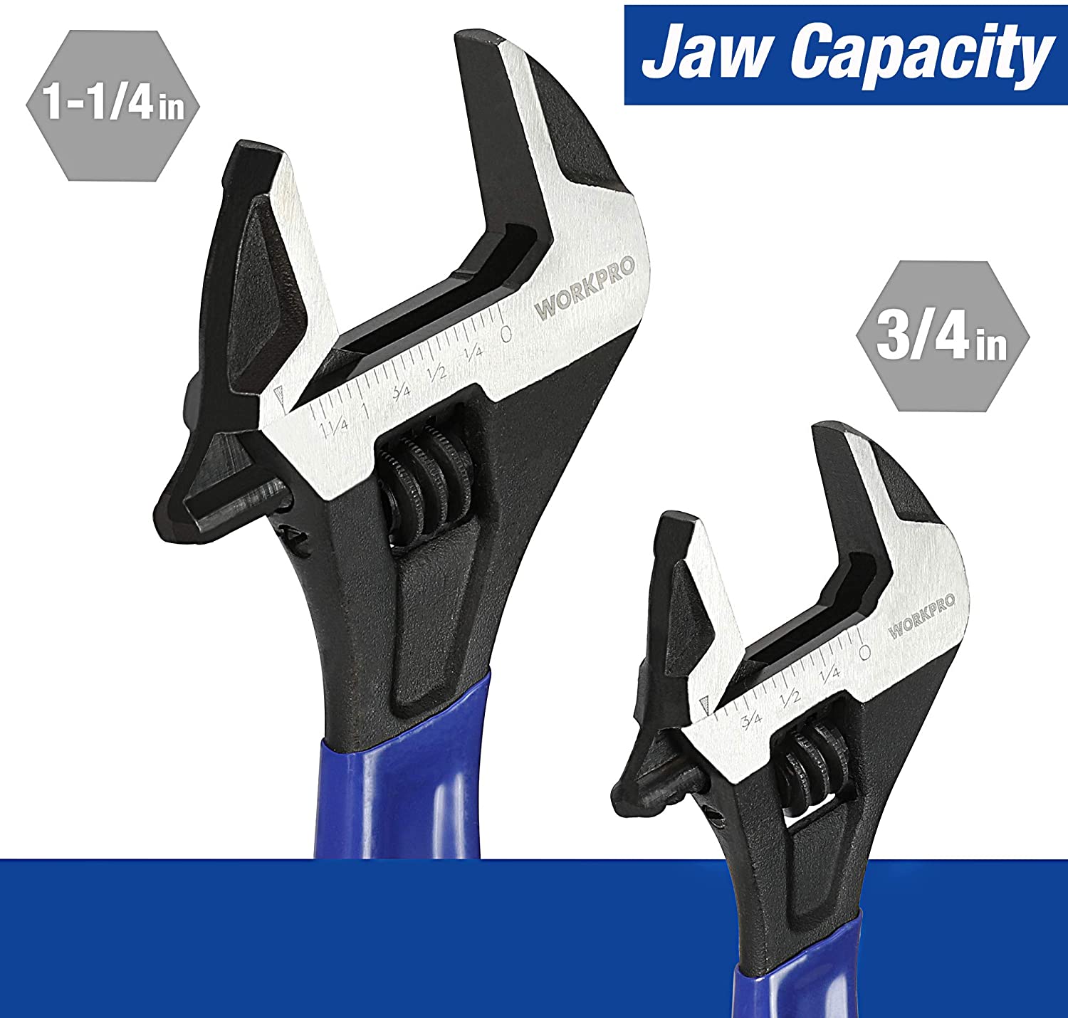 Adjustable wrenches with jaw capacity ranges and black textured jaws on blue handles