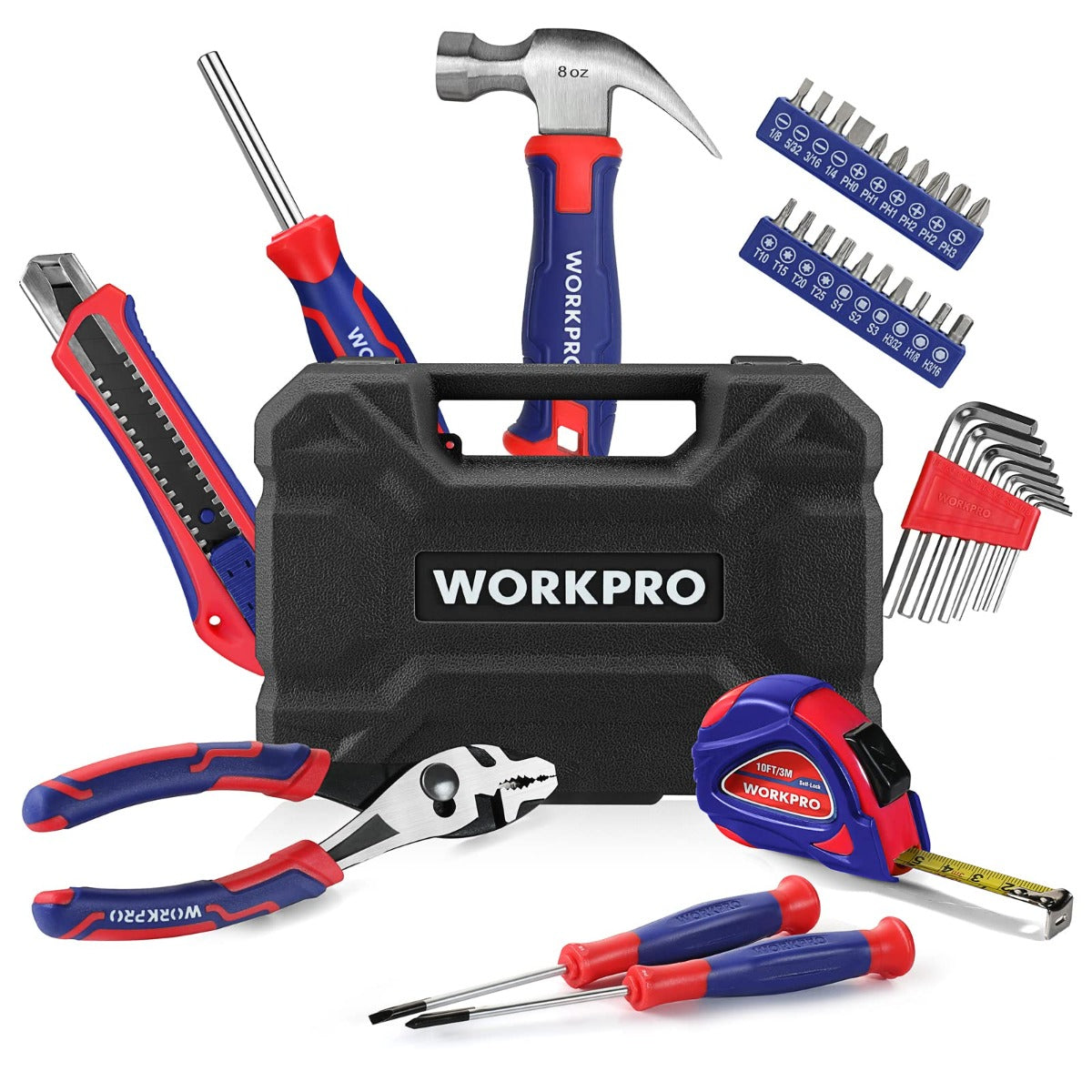 Pink and blue household tool set with black storage case, wrenches, blades, and bits